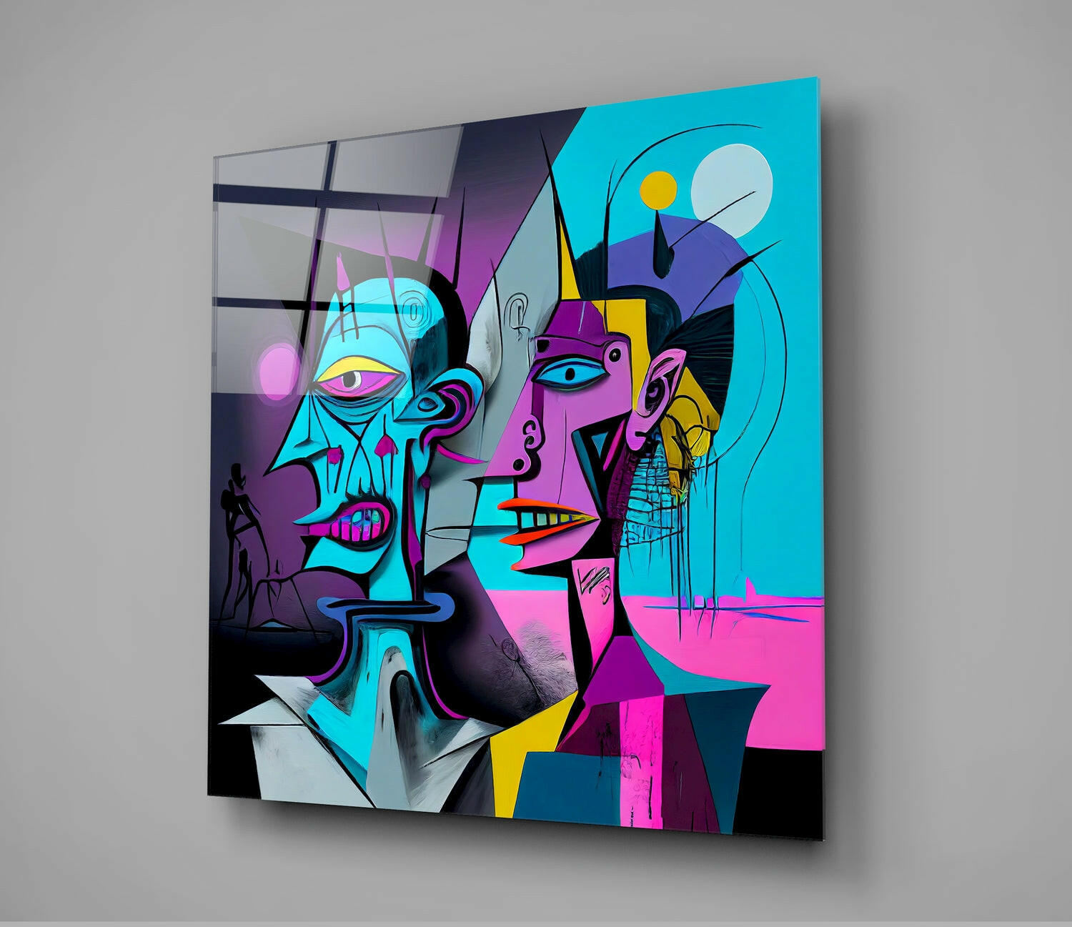 Neon Cubist Twin Faces Glass Wall Art