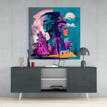 Cubist Profiles Pink Ruins Glass Wall Art