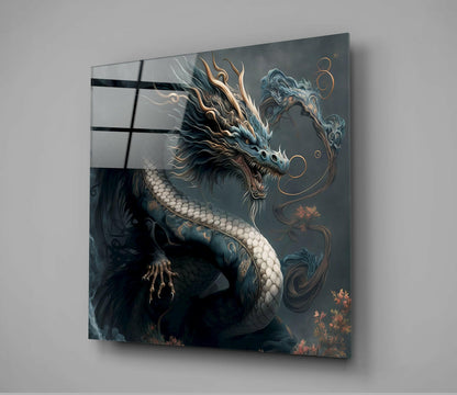 Dark Oriental Dragon Gold Whiskers Glass Wall Art