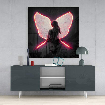 Glowing Red Neon Wings Girl Glass Wall Art