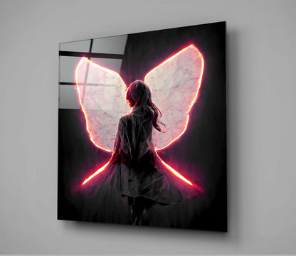 Glowing Red Neon Wings Girl Glass Wall Art