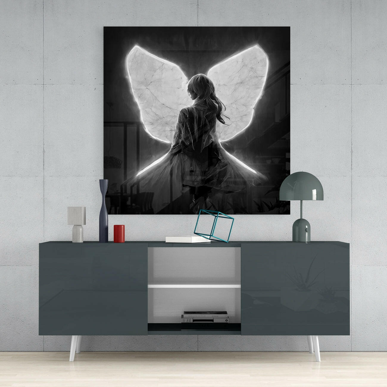 Glowing White Neon Wings Girl Glass Wall Art