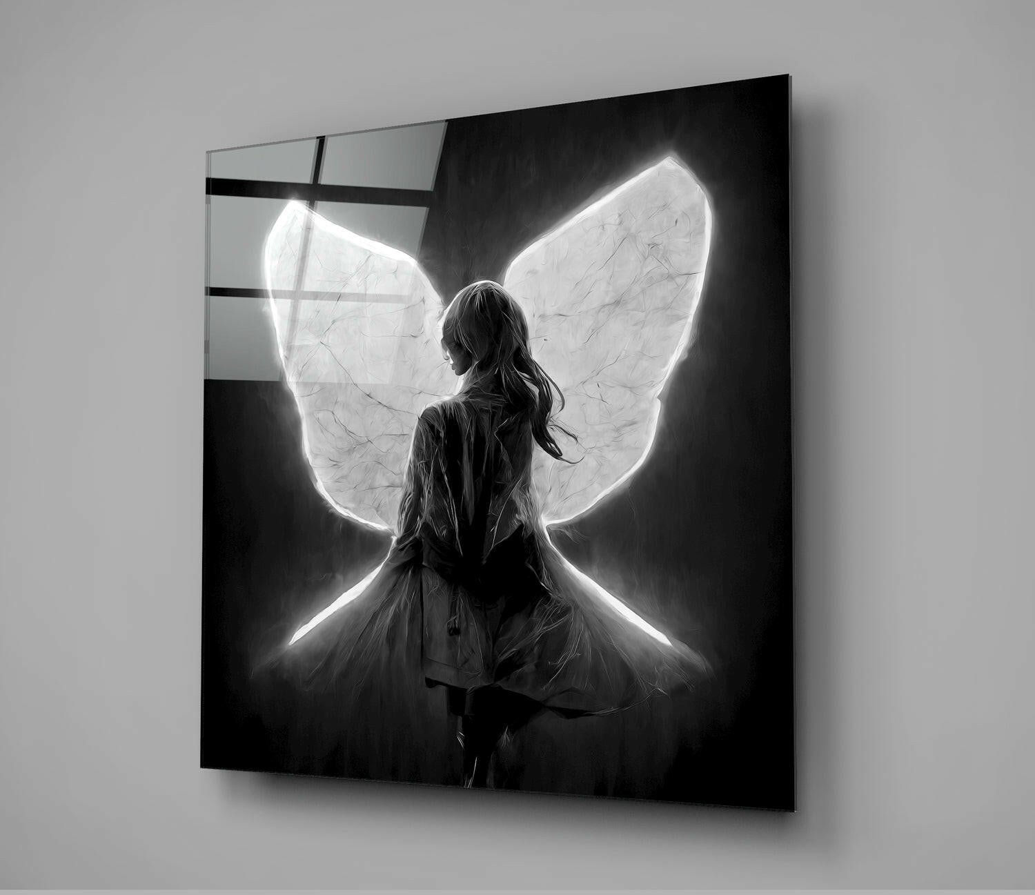 Glowing White Neon Wings Girl Glass Wall Art