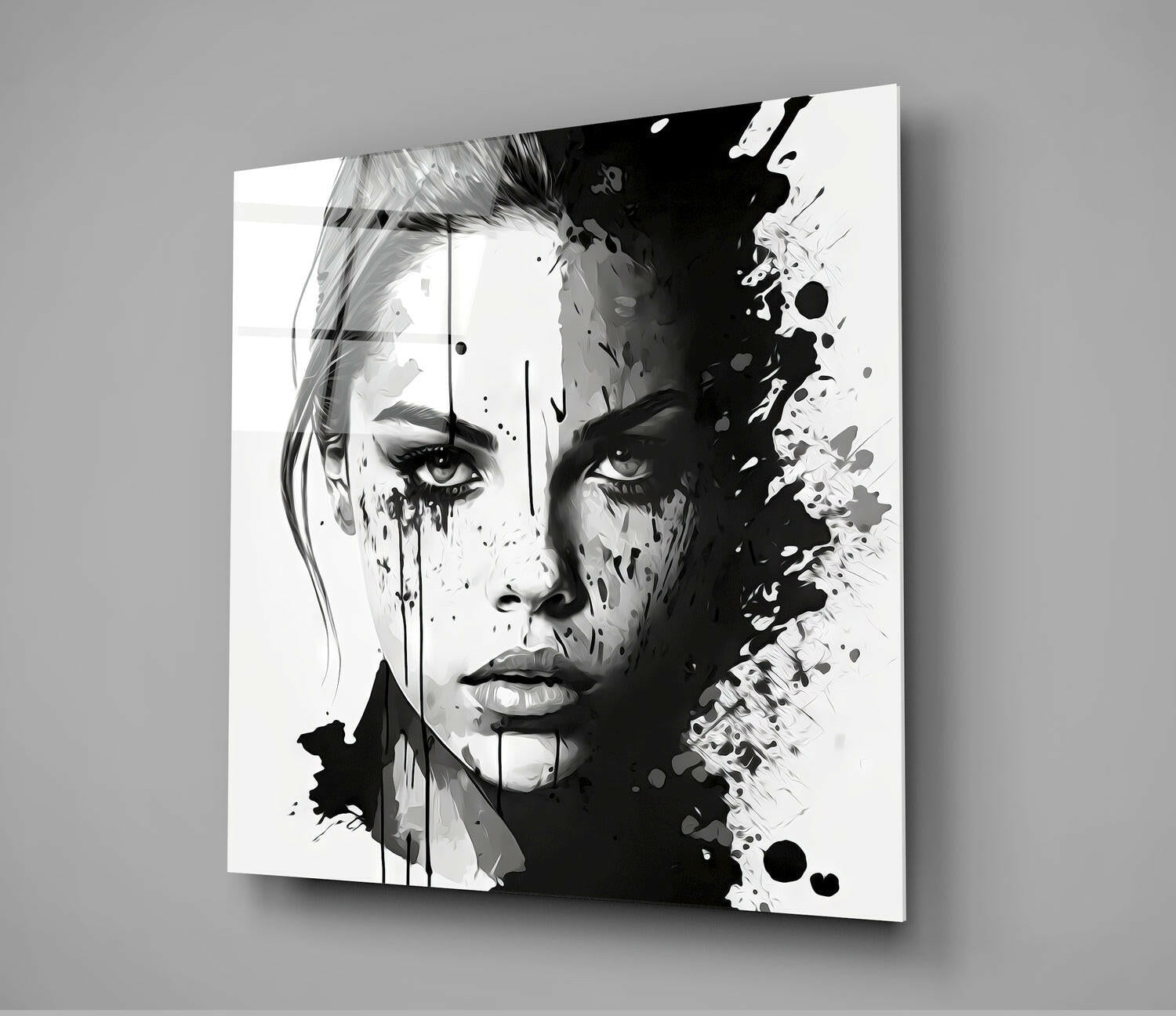 Black and White Ink Splash Woman Face Glass Wall Art