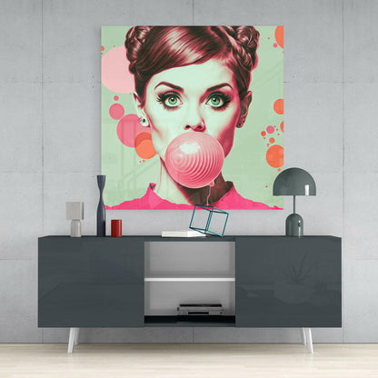 Pink Bubble Gum Retro Woman Glass Wall Art