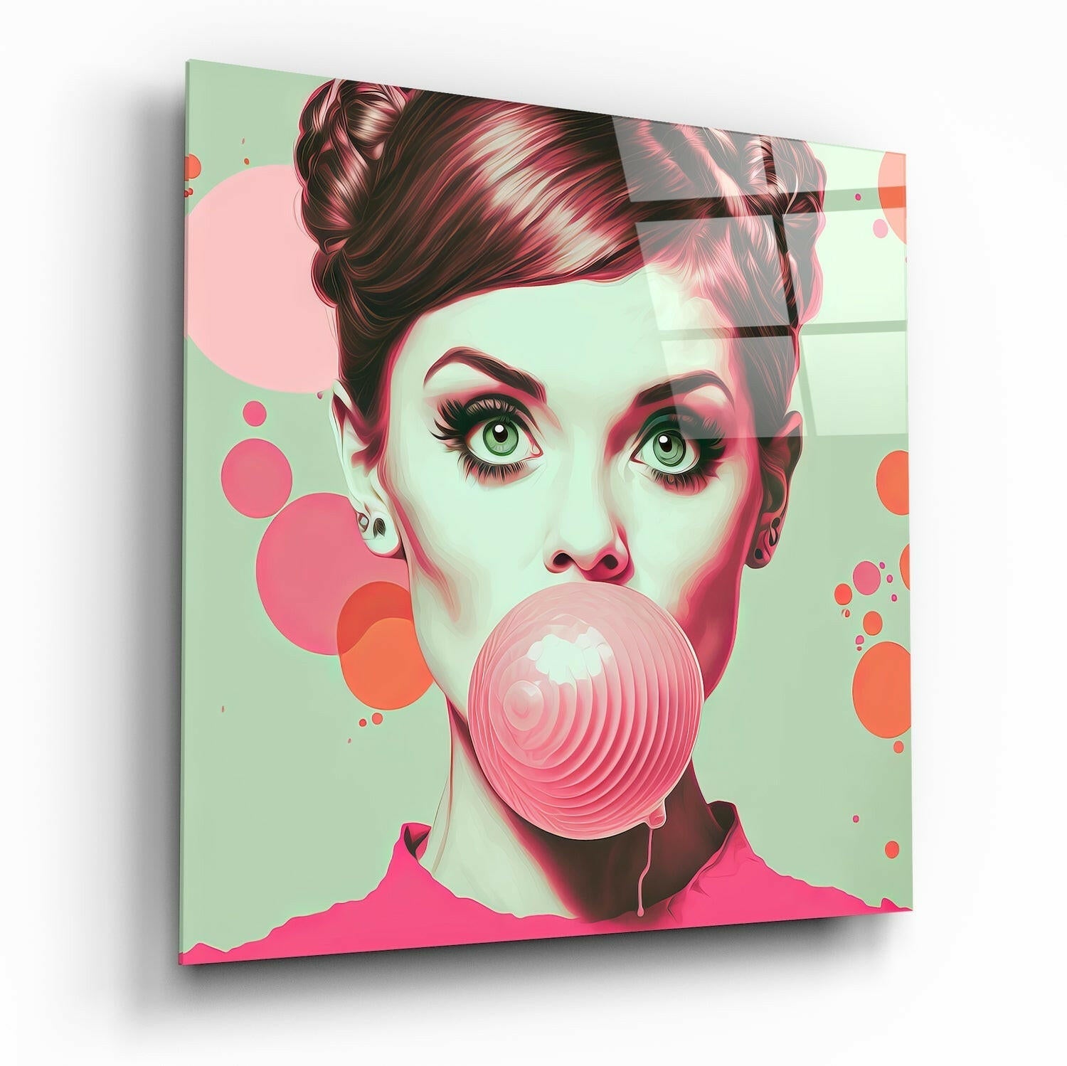 Pink Bubble Gum Retro Woman Glass Wall Art