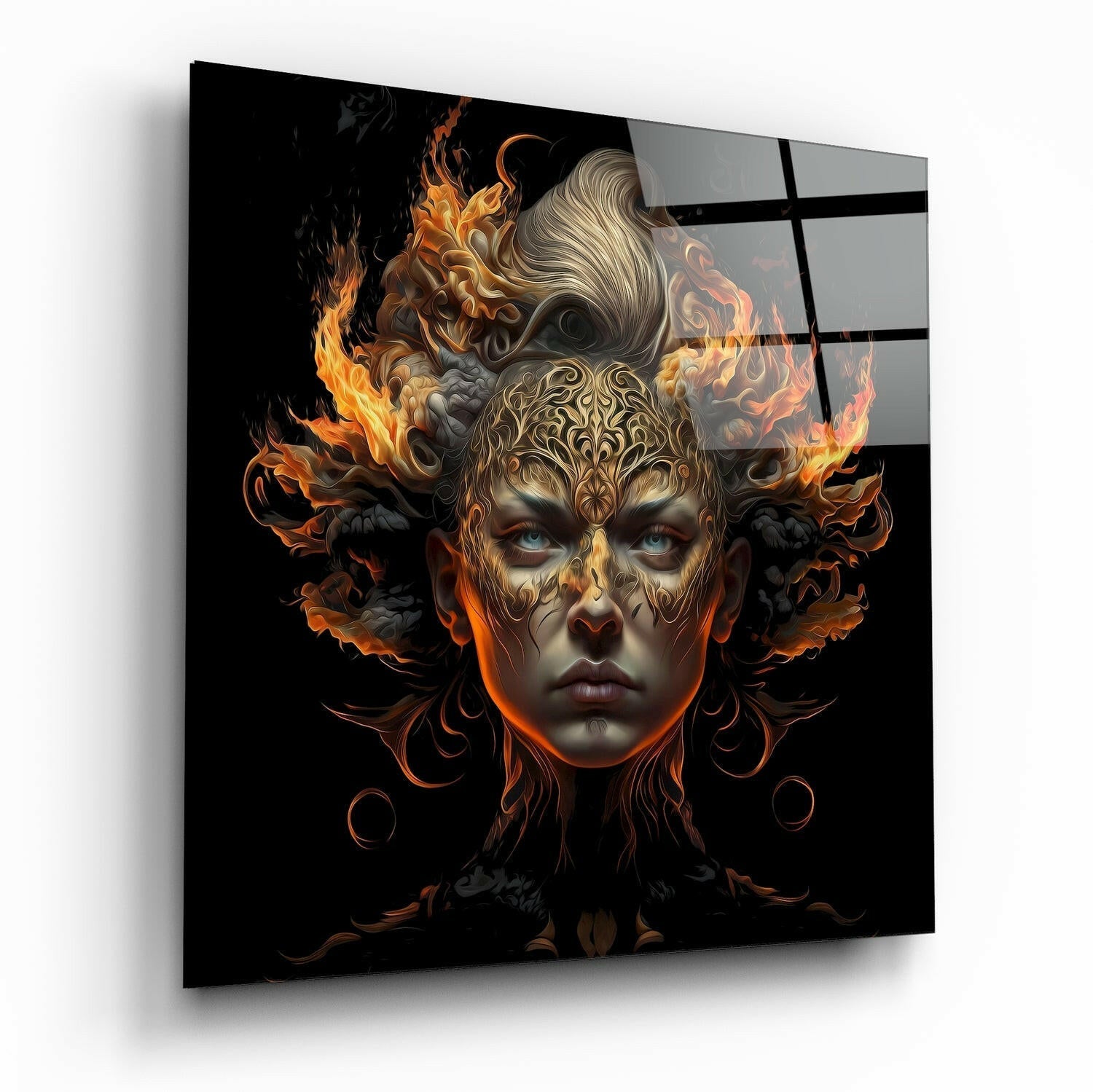 Blazing Ember Wings Gold Mask Face Glass Wall Art