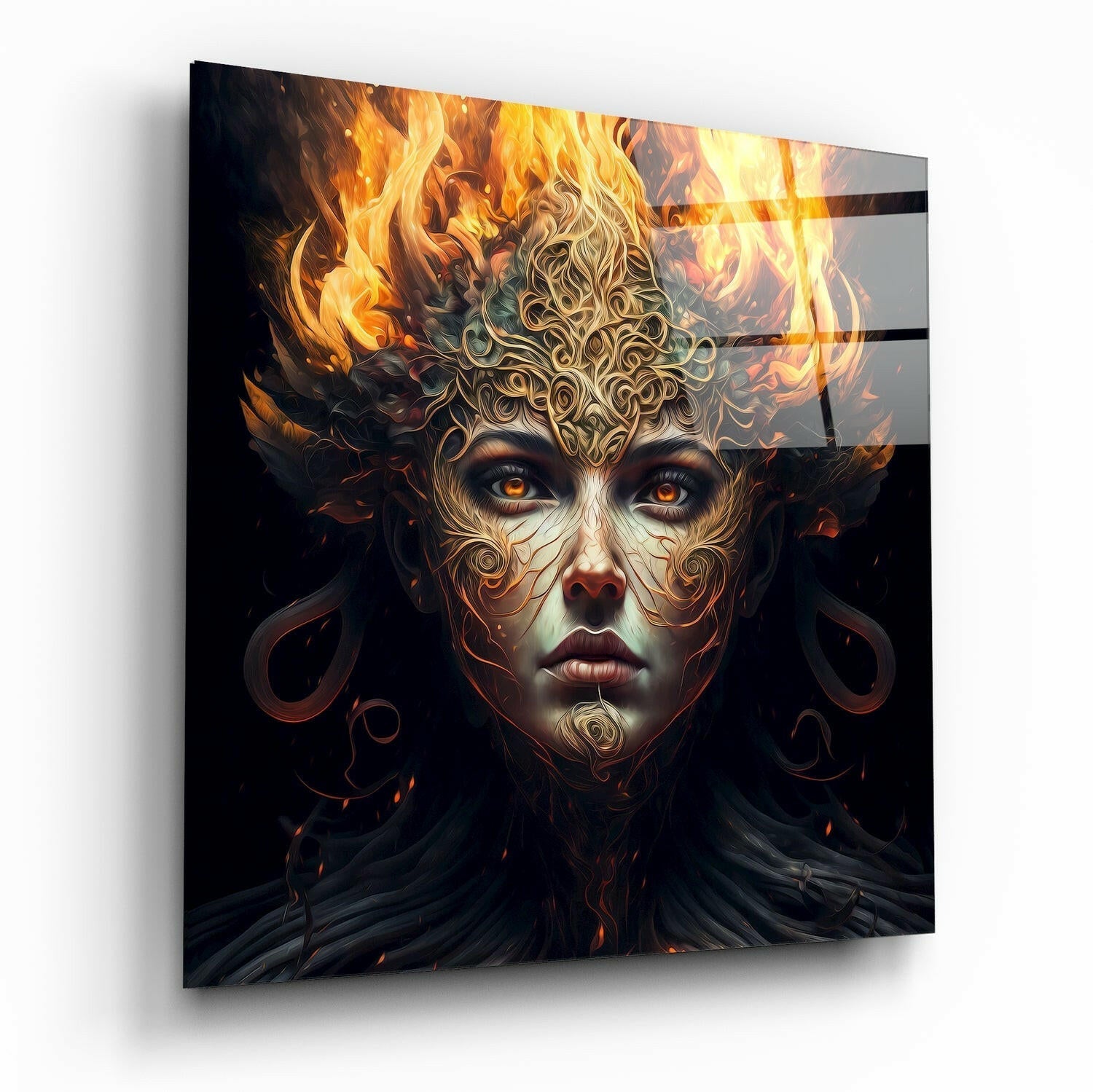 Flame Crowned Filigree Woman Glass Wall Art