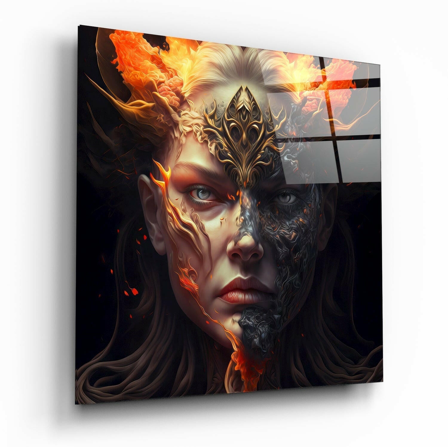 Half Fire Half Ash Masked Face Glass Wall Art