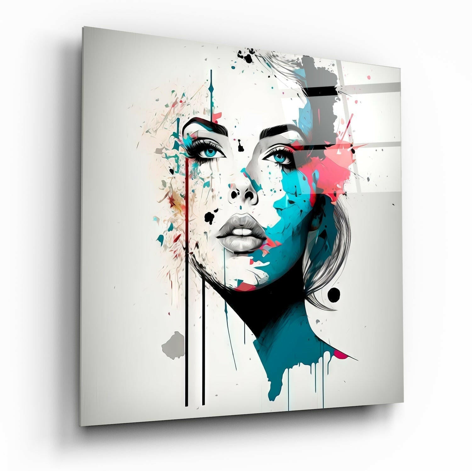 Turquoise Ink Drip Woman Face Glass Wall Art