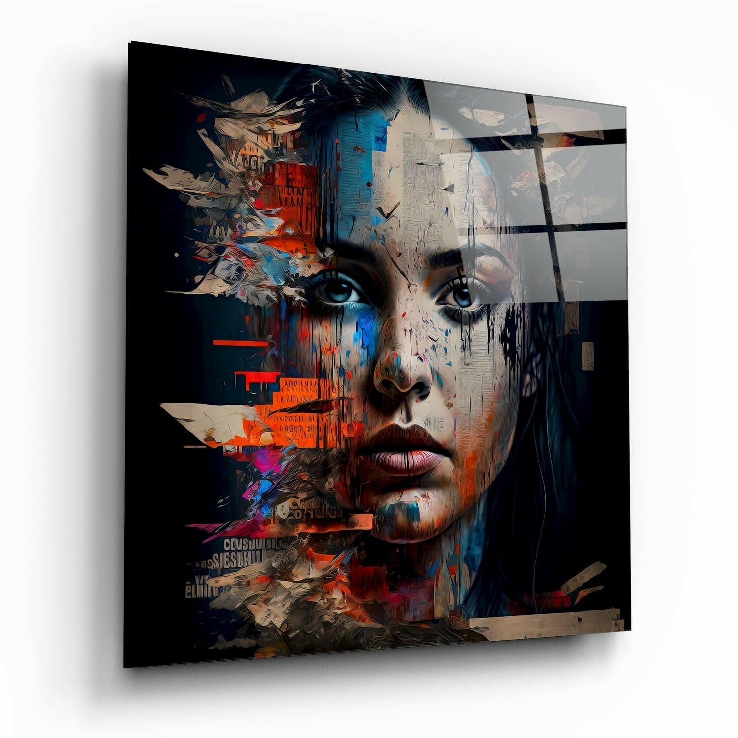 Newsprint Collage Woman Face Glass Wall Art