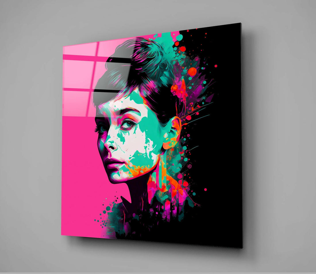 Hot Pink Neon Woman Portrait Glass Wall Art