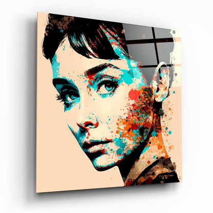 Teal and Orange Splatter Woman Portrait Glass Wall Art
