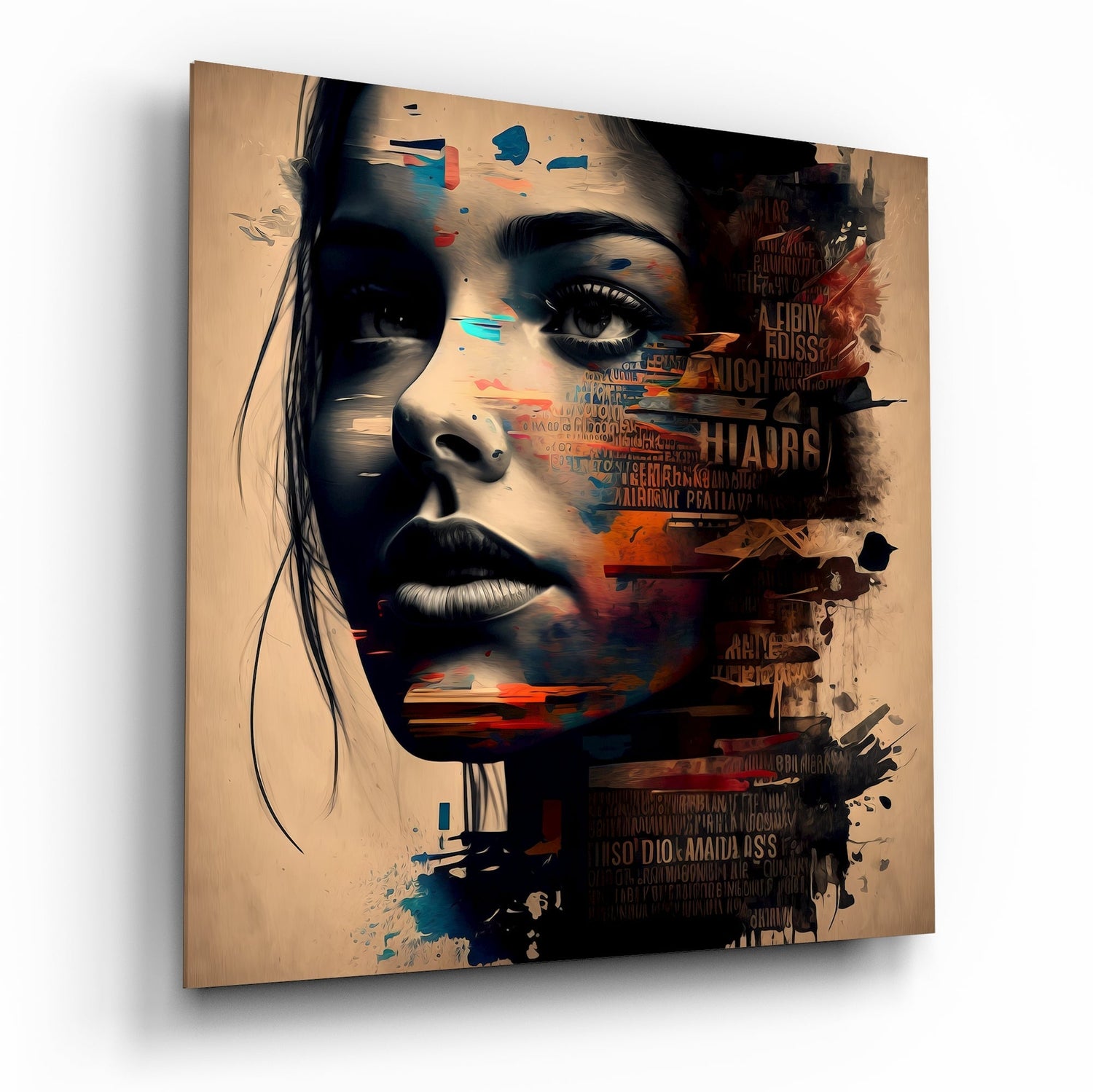 Sepia Typography Collage Woman Face Glass Wall Art