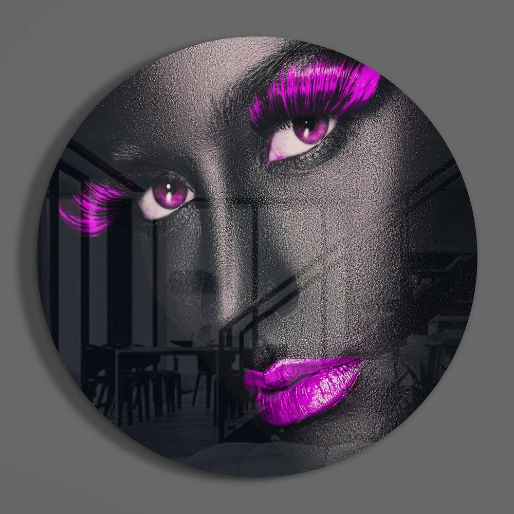 Purple Lashes and Lips Gray Face Glass Wall Art