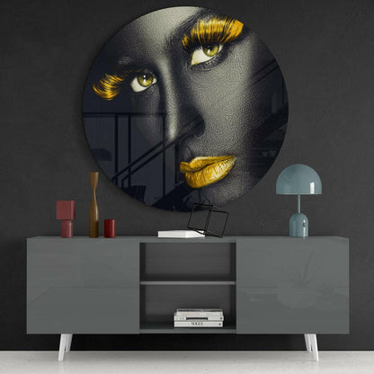 Golden Lashes and Lips Gray Face Glass Wall Art