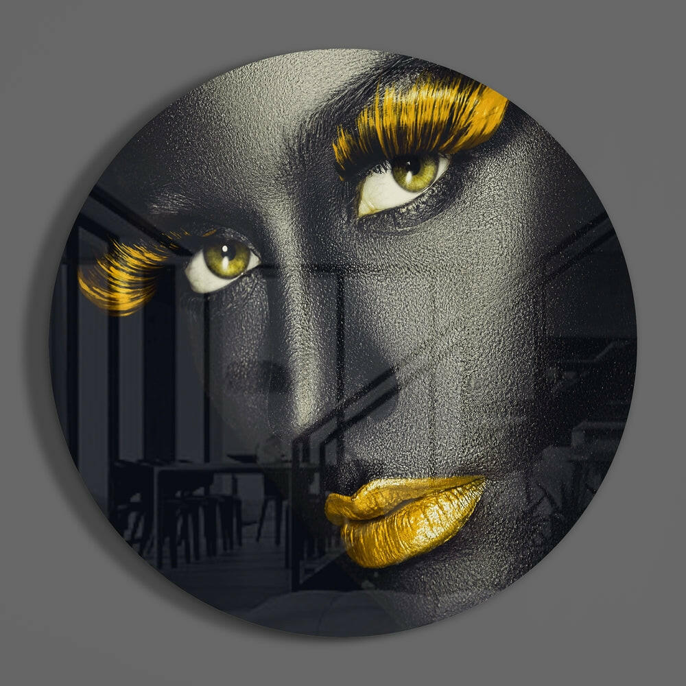 Golden Lashes and Lips Gray Face Glass Wall Art