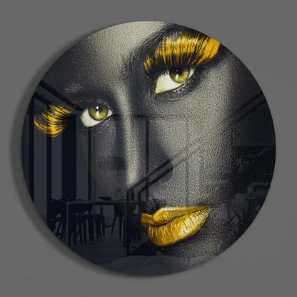 Golden Lashes and Lips Gray Face Glass Wall Art