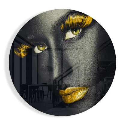 Golden Lashes and Lips Gray Face Glass Wall Art
