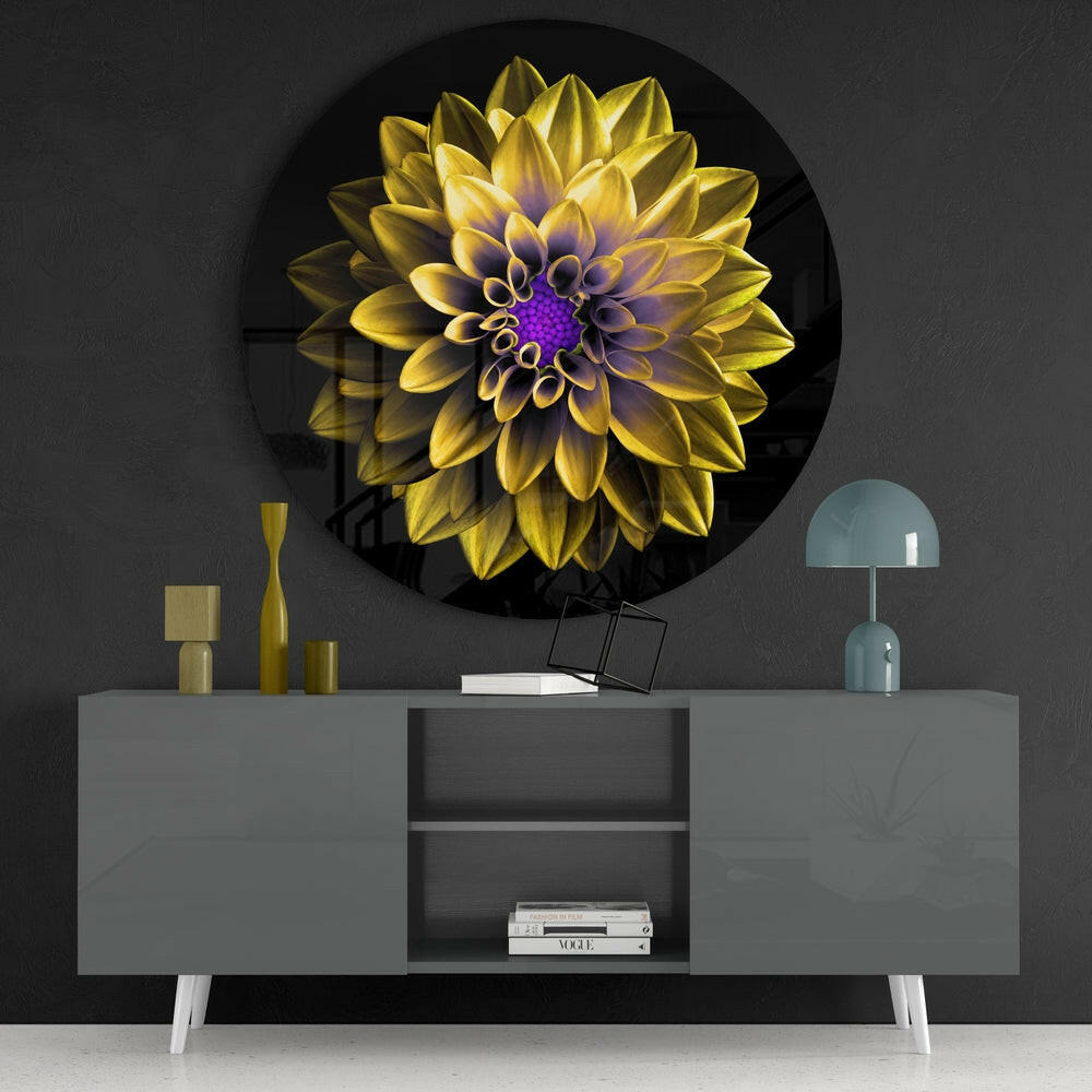 Yellow Dahlia Purple Center Glass Wall Art