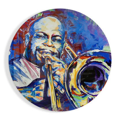 Painted Trombone Player on Blue Round Glass Wall Art