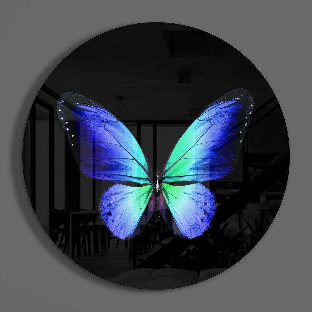 Blue Green Butterfly on Black Glass Wall Art