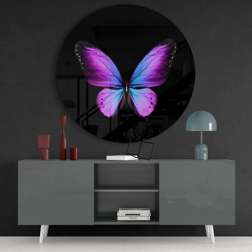 Purple Butterfly on Black Glass Wall Art