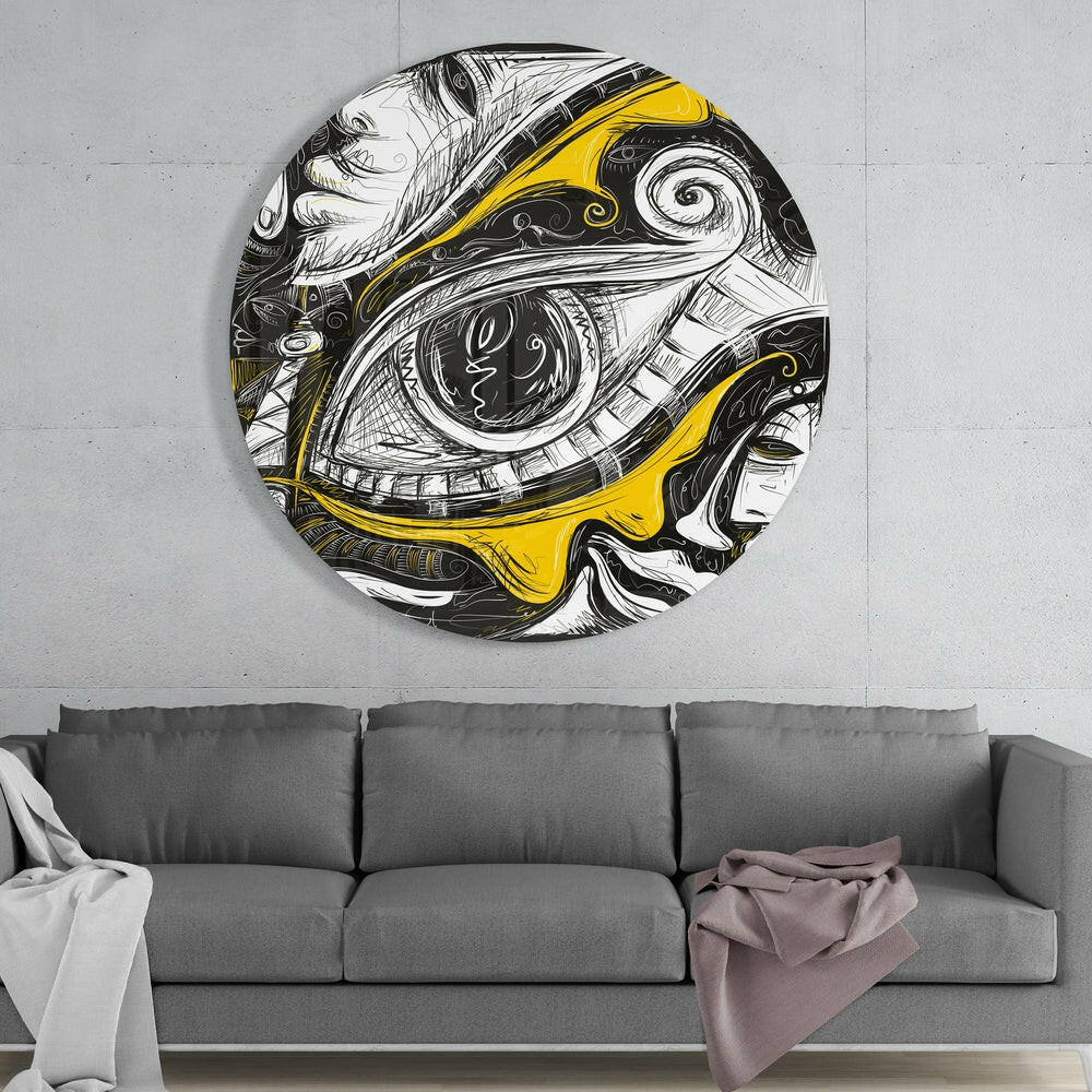 Round Yellow And Black Sketch Eye Glass Wall Art