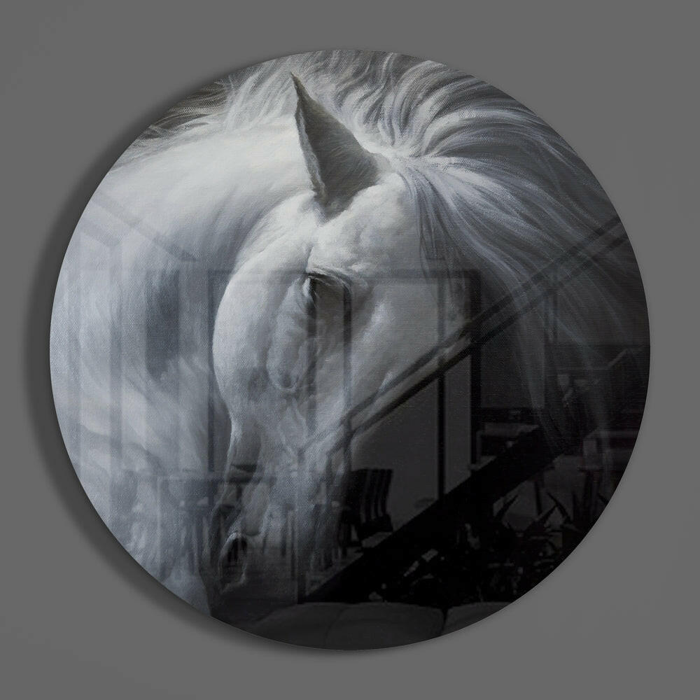 Bowed White Horse Circle Glass Wall Art