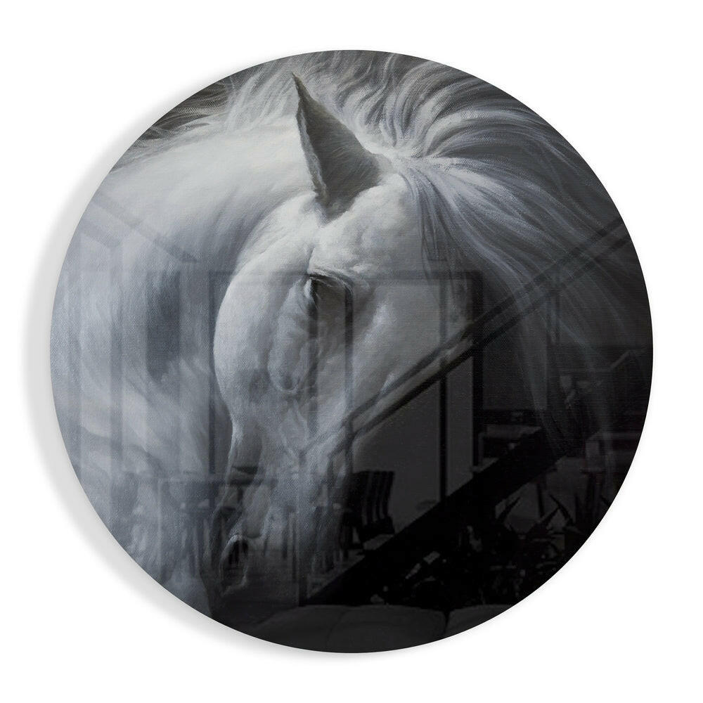 Bowed White Horse Circle Glass Wall Art