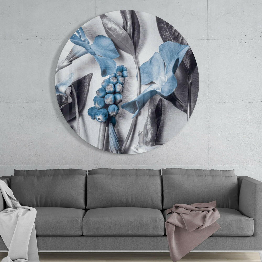 Round Steel Blue Flower Study Glass Wall Art