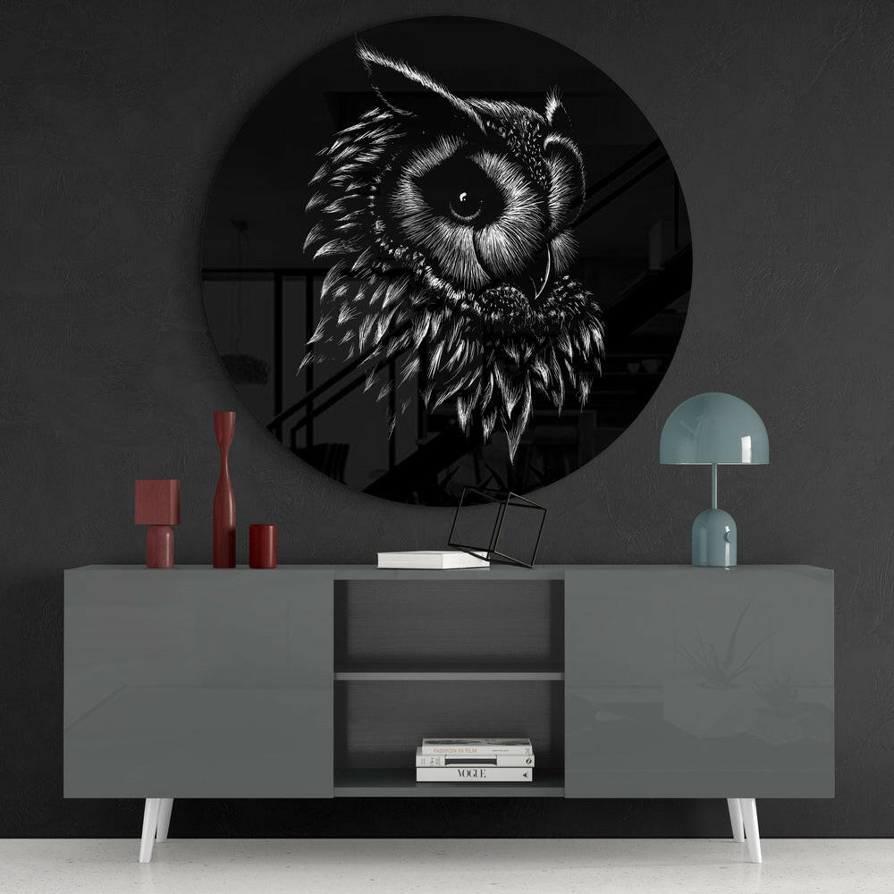 Black White Owl Sketch Glass Wall Art