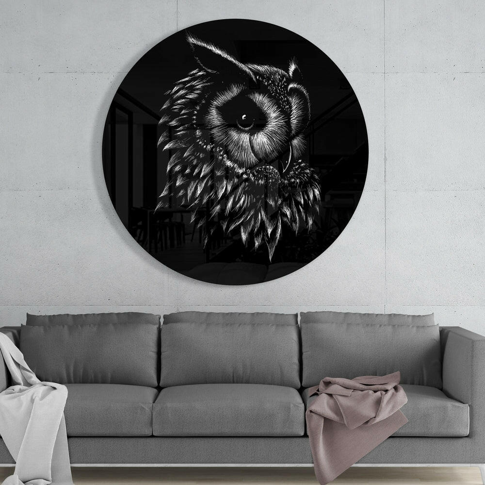 Black White Owl Sketch Glass Wall Art