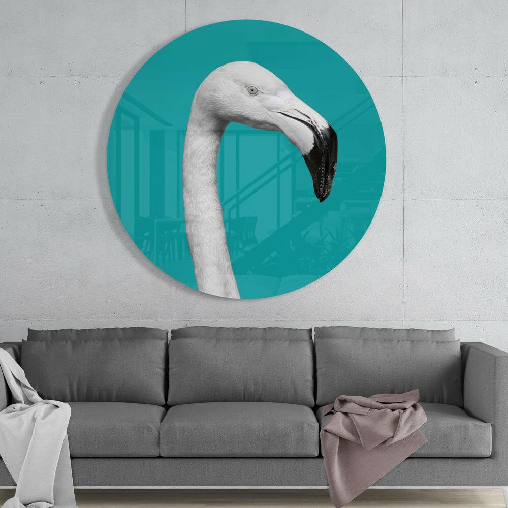 White Flamingo Teal Circle Glass Wall Art