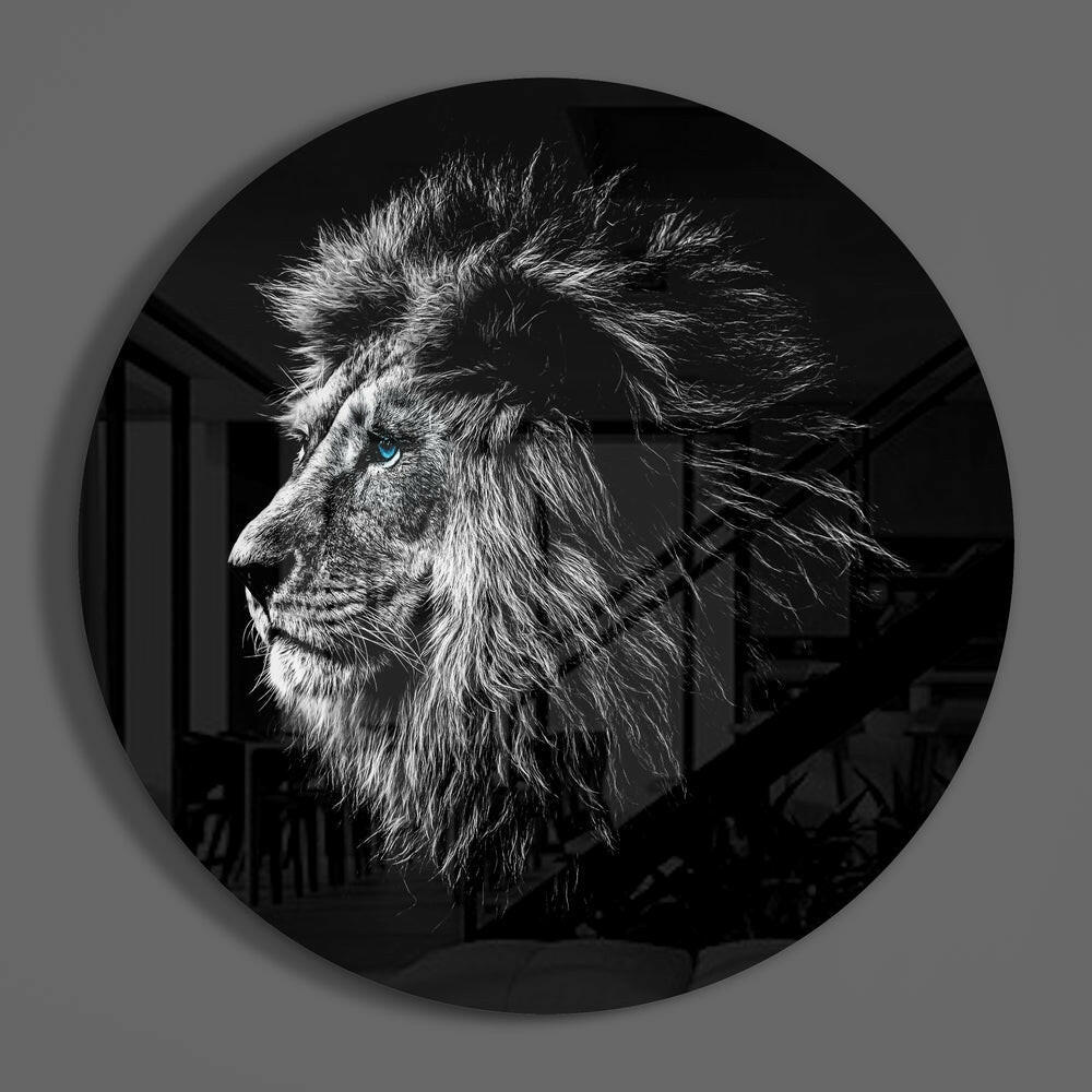 Blue Eyed Lion Round Portrait Glass Wall Art