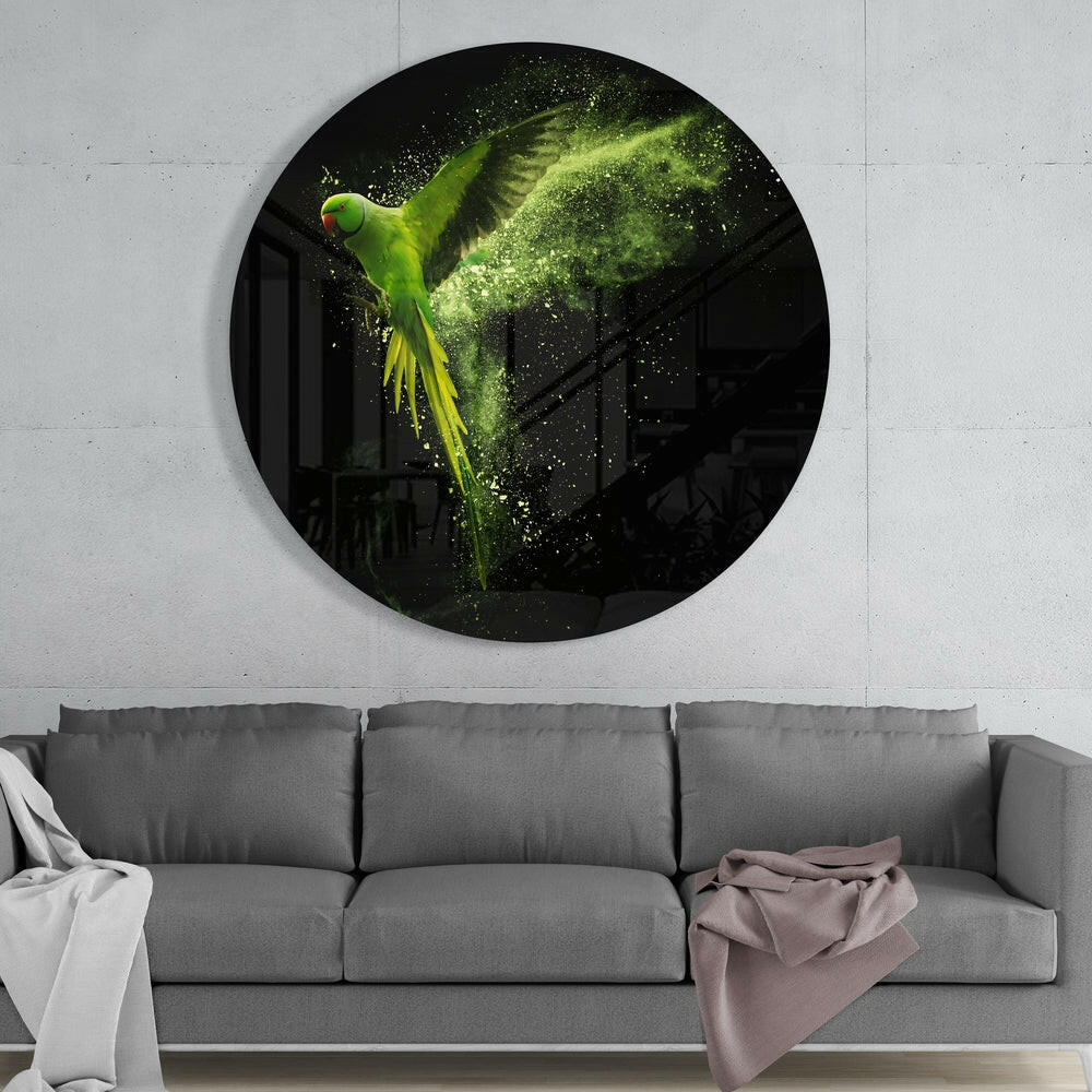 Round Flying Parakeet Green Dust Glass Wall Art