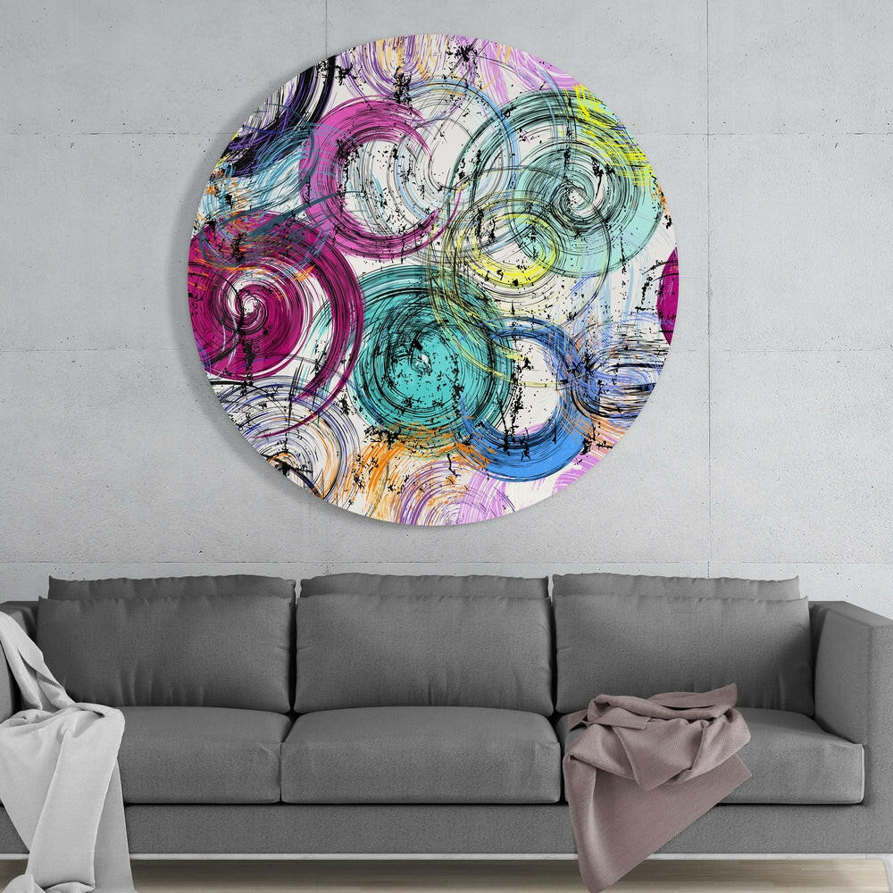 Pink and Teal Swirling Ink Circles Glass Wall Art
