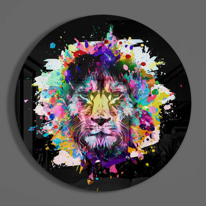 Colorful Splash Lion Round Glass Wall Art