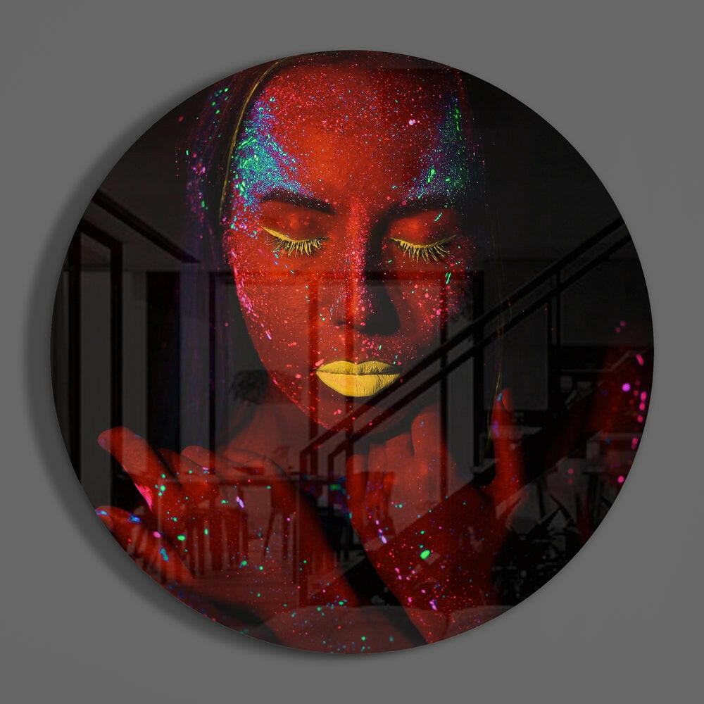 Red Neon Glow Face Glass Wall Art