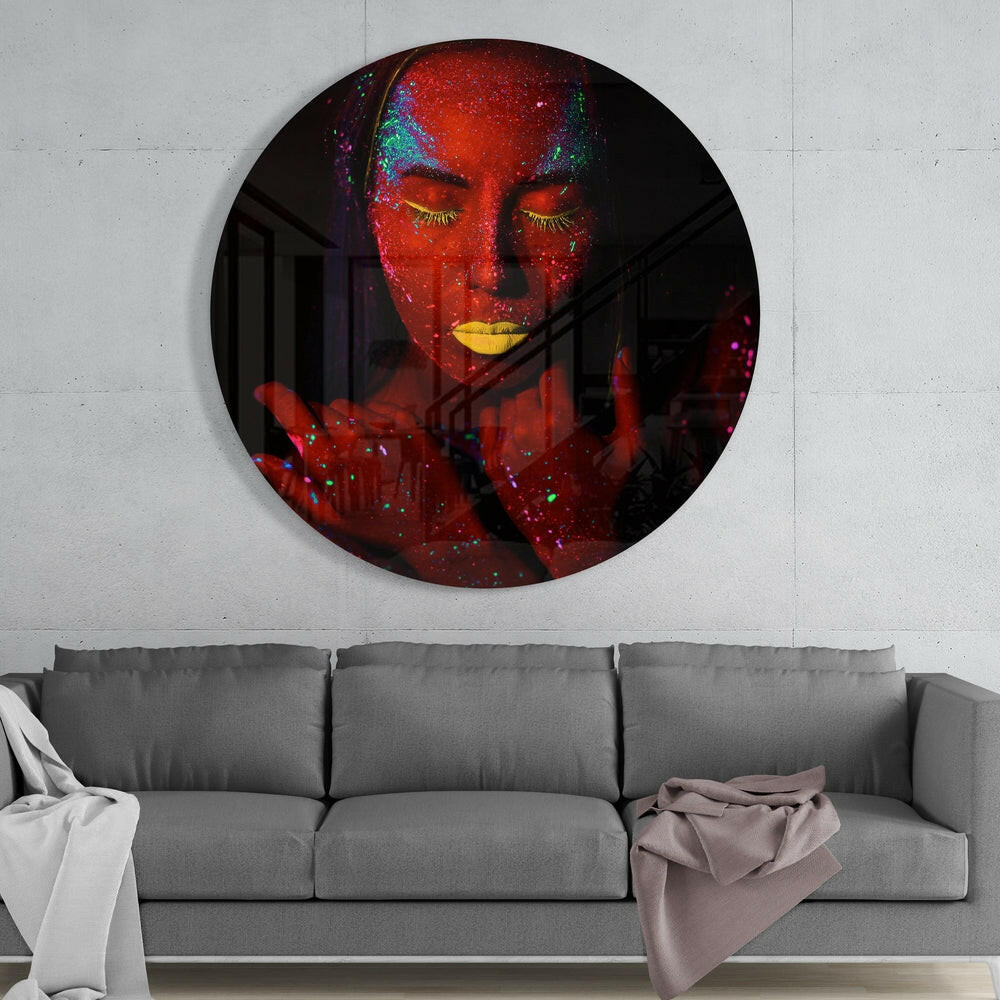 Red Neon Glow Face Glass Wall Art