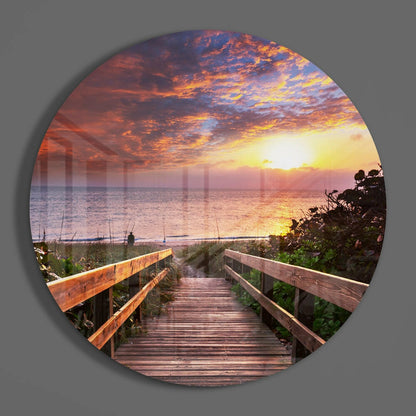 Boardwalk Beach Sunset Round Glass Wall Art