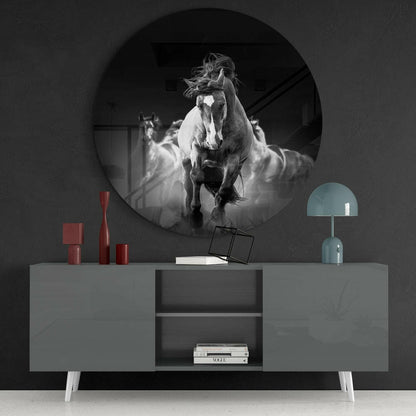 Round Black and White Charging Horse Glass Wall Art