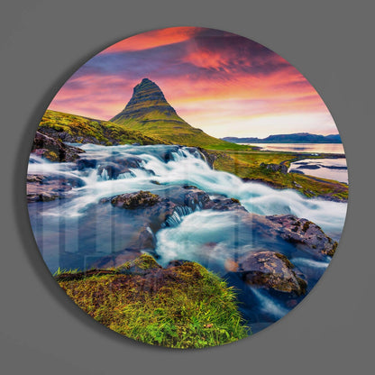 Cone Peak Waterfall Crimson Sky Glass Wall Art