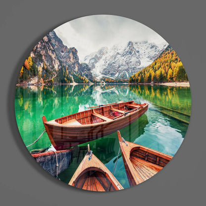 Wooden Boats Emerald Alpine Lake Glass Wall Art