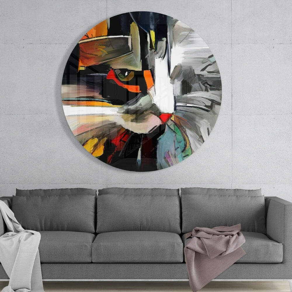 Abstract Painterly Cat Round Glass Wall Art