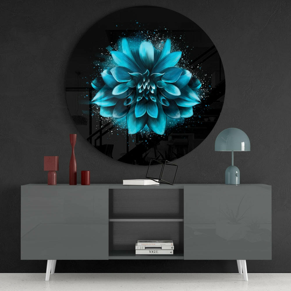 Turquoise Glowing Dahlia Glass Wall Art