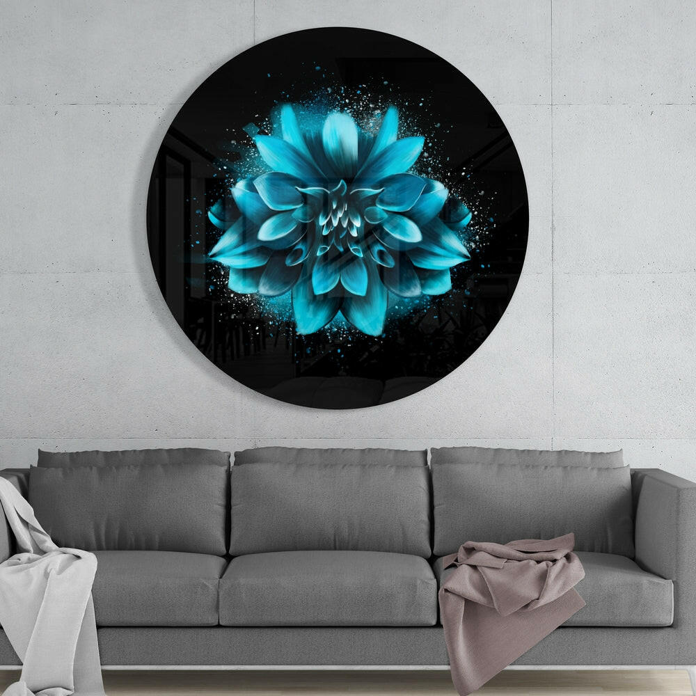Turquoise Glowing Dahlia Glass Wall Art
