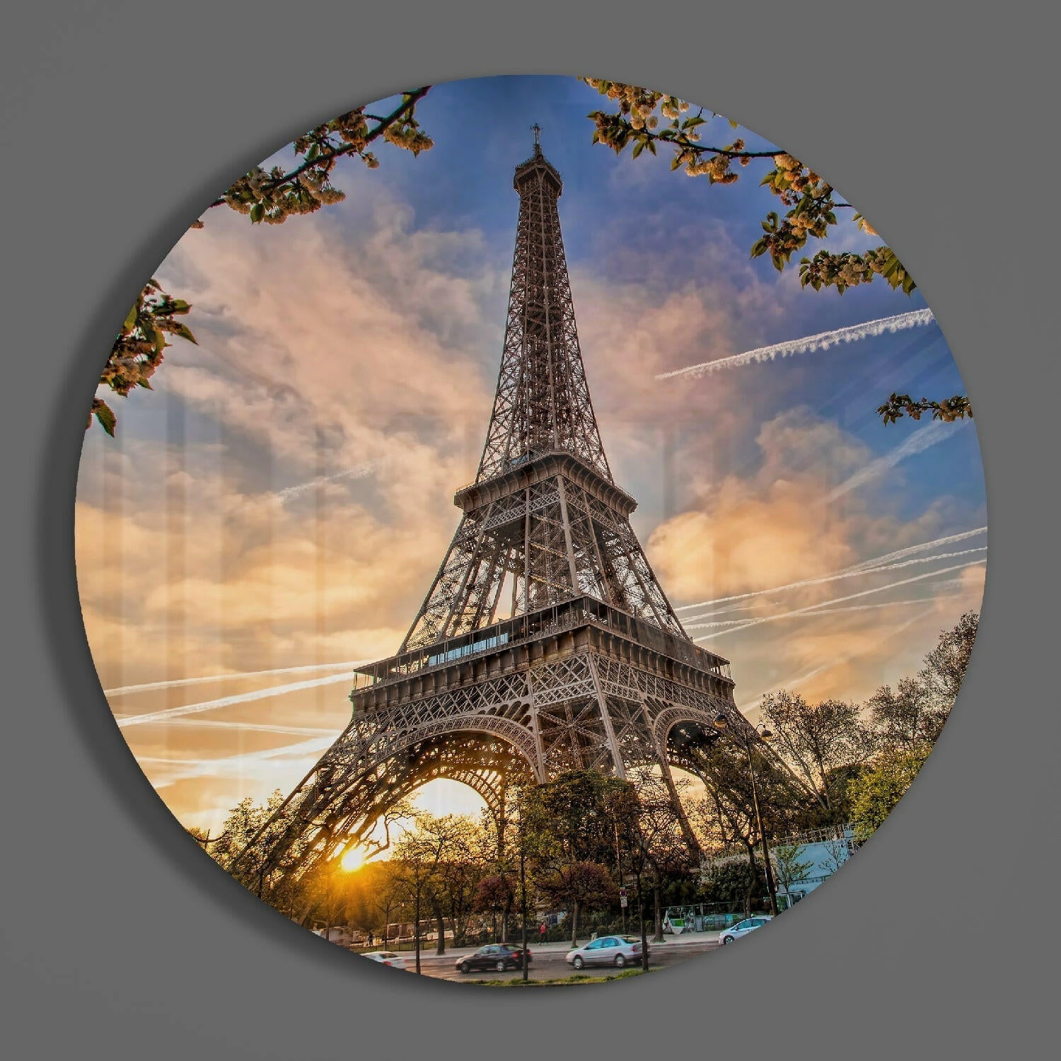 Round Eiffel Tower Sunset Glass Wall Art