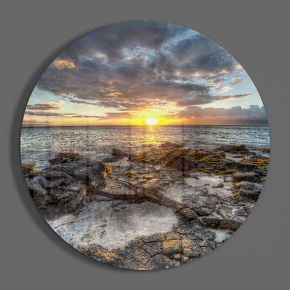 Round Sunset Over Mossy Rock Shore Glass Wall Art