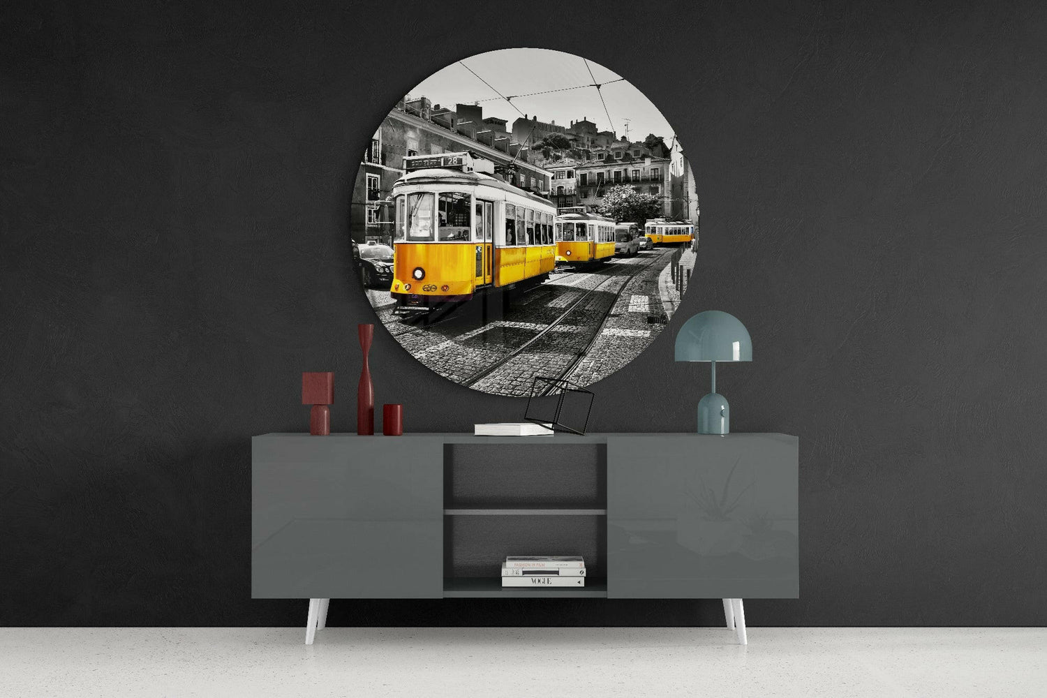 Yellow Trams Cobbled Street Glass Wall Art